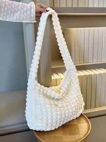 Pleated Design High Capacity Bubble Shoulder Bag Solid Color Tote Bag - Black - View 1