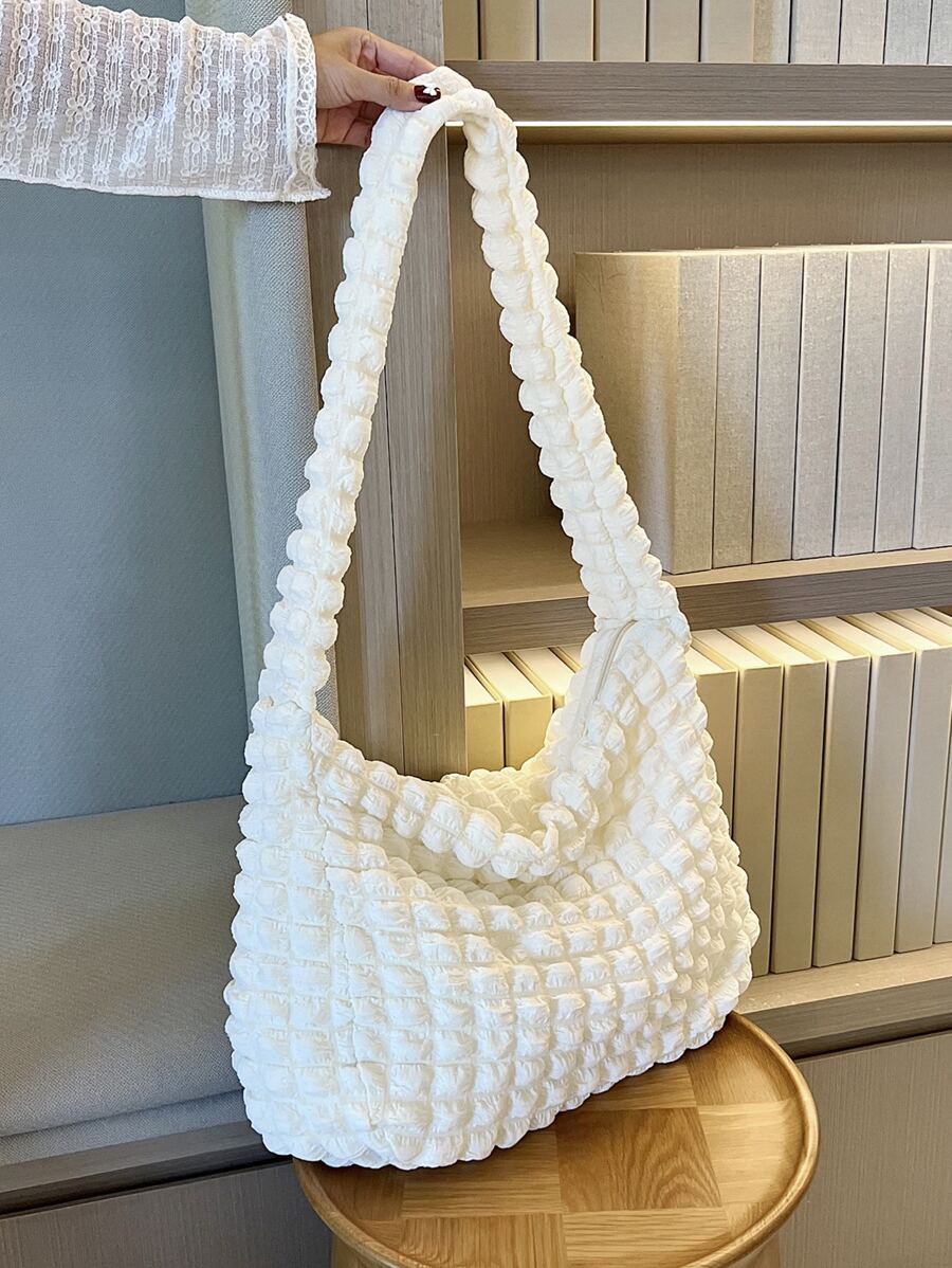 Pleated Design High Capacity Bubble Shoulder Bag Solid Color Tote Bag - Black - View 1