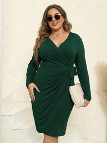 大碼側繫帶圍裹式洋裝 - 墨綠色 - 查看 5