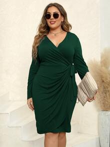 大碼側繫帶圍裹式洋裝 - 墨綠色 - 查看 6