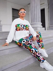 SHEIN EZwear Plus Letter Graphic Drop Shoulder Pullover & Leggings - Multicolor - View 3