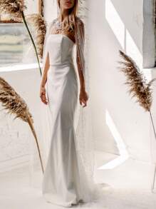 Rhinestone & Faux Pearl Decor Wedding Shawl Fall Clothes For Women - White - View 3