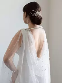 Rhinestone & Faux Pearl Decor Wedding Shawl Fall Clothes For Women - White - View 4