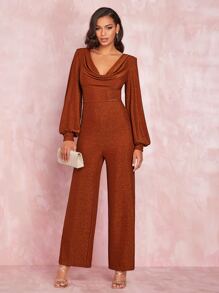 SHEIN BAE Draped Neck Lantern Sleeve Chain Backless Glitter Jumpsuit - Burnt Orange - View 2