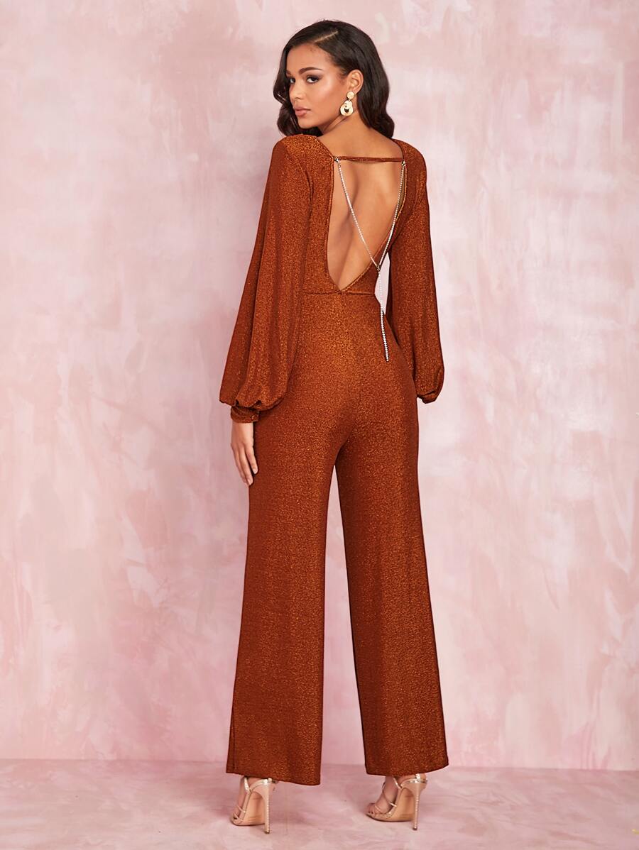 SHEIN BAE Draped Neck Lantern Sleeve Chain Backless Glitter Jumpsuit - Burnt Orange - View 1