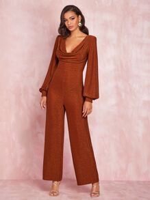 SHEIN BAE Draped Neck Lantern Sleeve Chain Backless Glitter Jumpsuit - Burnt Orange - View 3