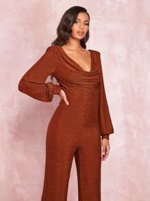 SHEIN BAE Draped Neck Lantern Sleeve Chain Backless Glitter Jumpsuit - Burnt Orange - View 5