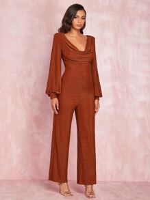 SHEIN BAE Draped Neck Lantern Sleeve Chain Backless Glitter Jumpsuit - Burnt Orange - View 6
