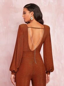 SHEIN BAE Draped Neck Lantern Sleeve Chain Backless Glitter Jumpsuit - Burnt Orange - View 7