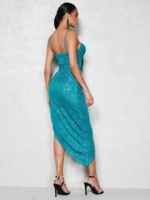 SHEIN BAE Vestido de tirantes con lentejuelas fruncido de muslo con abertura - Azul menta - Ver 2