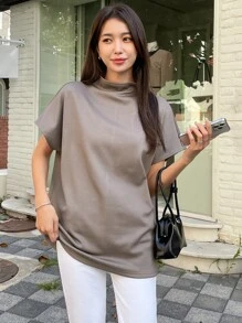 DAZY Camiseta De Manga Murciélago De Cuello Alto Simulado - Gris - Ver 4