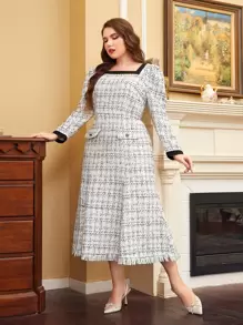 Modelyn Plus Plaid Square Neck Raw Hem Dress - White - View 1
