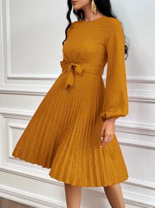 GENKIRA 波點圖案燈籠袖百褶下擺繫腰帶連衣裙 - 黃色 - 查看 4