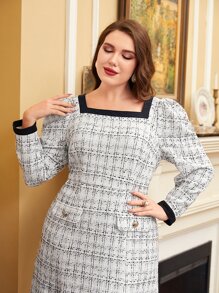 Modelyn Plus Plaid Square Neck Raw Hem Dress - White - View 3