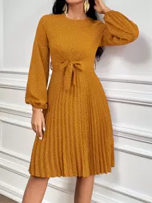 GENKIRA 波點圖案燈籠袖百褶下擺繫腰帶連衣裙 - 黃色 - 查看 5