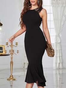 BTFBM Ladder Cut Out Mermaid Hem Cocktail Formal Dress - Black - View 8