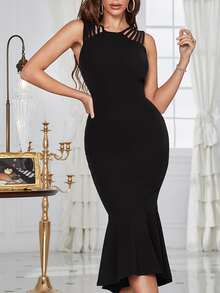 BTFBM Ladder Cut Out Mermaid Hem Cocktail Formal Dress - Black - View 9