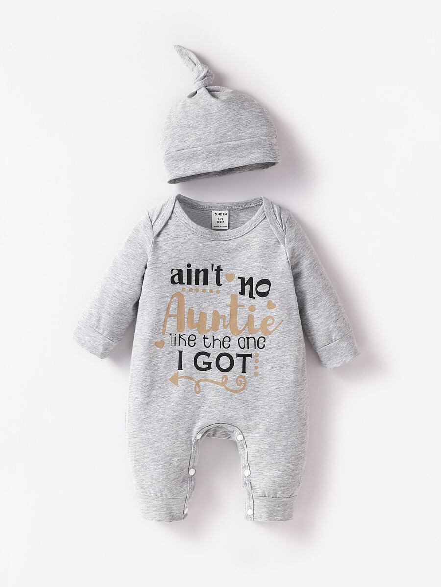 SHEIN Newborn Baby Boy Slogan Graphic Jumpsuit - Grey - View 1