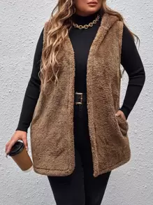 SHEIN LUNE Plus Hooded Open Front Teddy Coat - Mocha Brown - View 1