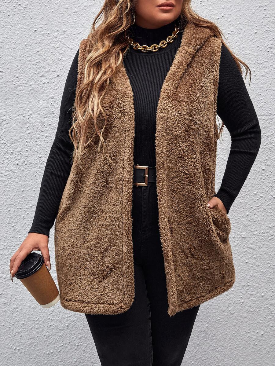 SHEIN LUNE Plus Hooded Open Front Teddy Coat - Mocha Brown - View 1