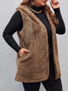 SHEIN LUNE Plus Hooded Open Front Teddy Coat - Mocha Brown - View 3