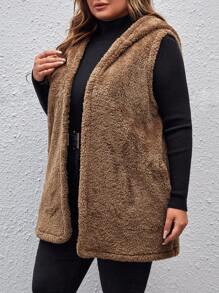 SHEIN LUNE Plus Hooded Open Front Teddy Coat - Mocha Brown - View 4