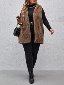 SHEIN LUNE Plus Hooded Open Front Teddy Coat - Mocha Brown - View 5