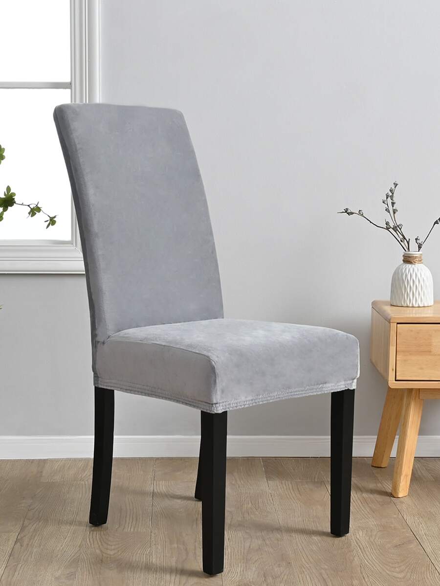 1 pieza Funda de silla de terciopelo de zorro plateado sólido, funda de polvo de silla de terciopelo minimalista moderna y gruesa, adecuada para oficina, dormitorio, comedor - Gris - Ver 1