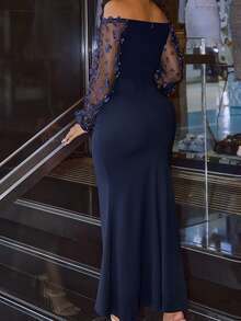 BTFBM Off Shoulder Contrast Mesh Applique Detail Wrap Ruched Hem Formal Dress - Navy Blue - View 2