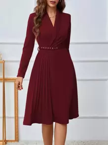 EMERY ROSE Shawl Collar Pleated Hem Belted Dress - Burgundy - View 1