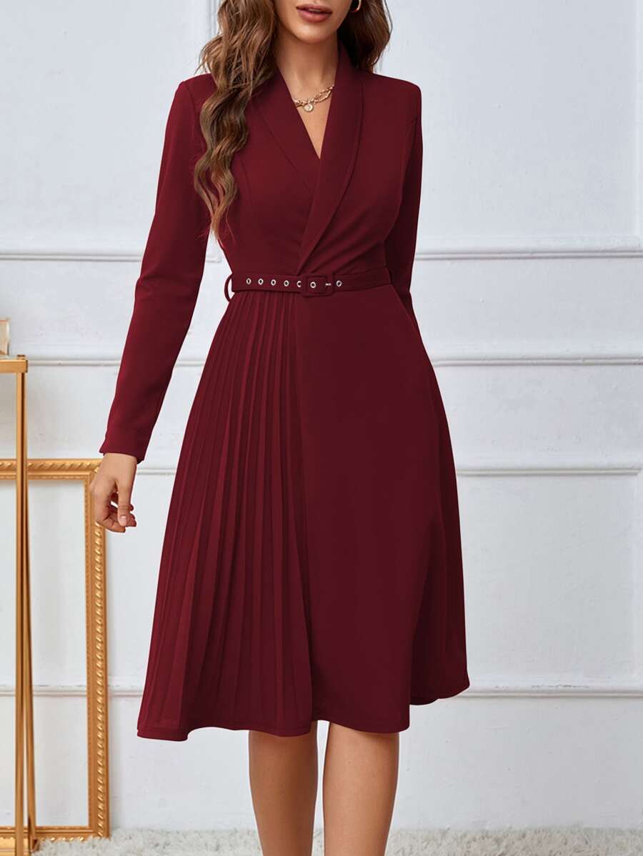 EMERY ROSE Shawl Collar Pleated Hem Belted Dress - Burgundy - View 1