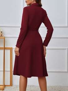 EMERY ROSE Shawl Collar Pleated Hem Belted Dress - Burgundy - View 2