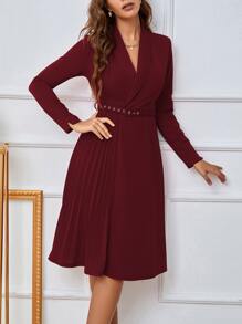 EMERY ROSE Shawl Collar Pleated Hem Belted Dress - Burgundy - View 5