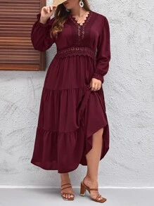 SHEIN LUNE Plus Guipure Lace Insert Layered Hem Dress - Burgundy - View 1