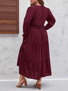 SHEIN LUNE Plus Guipure Lace Insert Layered Hem Dress - Burgundy - View 2