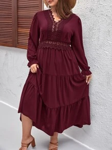 SHEIN LUNE Plus Guipure Lace Insert Layered Hem Dress - Burgundy - View 3