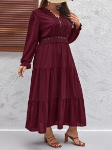 SHEIN LUNE Plus Guipure Lace Insert Layered Hem Dress - Burgundy - View 5