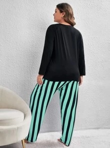 大碼卡通和條紋印花插肩袖睡衣套裝 - 薄荷綠 - 查看 2