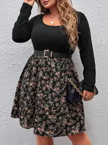 SHEIN Clasi Plus Floral Print Scoop Neck Dress Without Belt - Multicolor - View 1