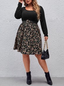 SHEIN Clasi Plus Floral Print Scoop Neck Dress Without Belt - Multicolor - View 3