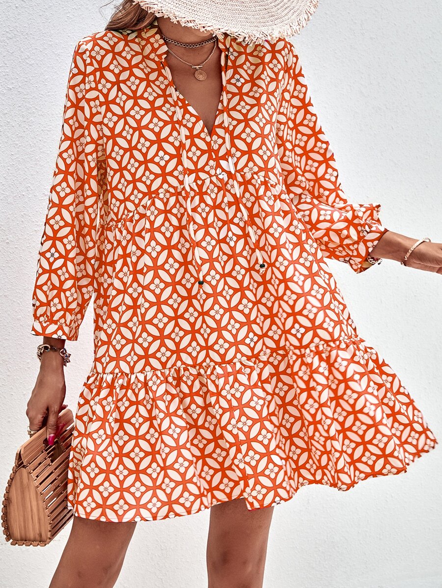 GENKIRA Floral Print Tie Neck Smock Dress - Multicolor - View 1