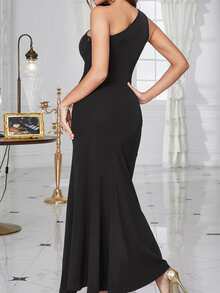 BTFBM Vestido de vestir de un hombro ribete con fruncido bajo asimétrico - Negro - Ver 2