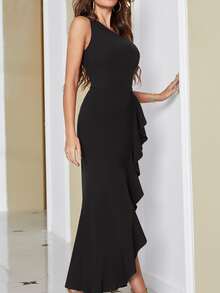 BTFBM Vestido de vestir de un hombro ribete con fruncido bajo asimétrico - Negro - Ver 3