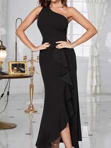 BTFBM Vestido de vestir de un hombro ribete con fruncido bajo asimétrico - Negro - Ver 5