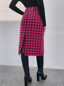 SHEIN Privé Houndstooth Print Split Back Tweed Skirt - Multicolor - View 2