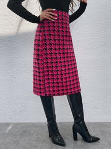 SHEIN Privé Houndstooth Print Split Back Tweed Skirt - Multicolor - View 3