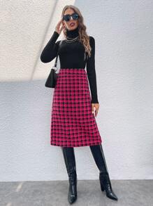 SHEIN Privé Houndstooth Print Split Back Tweed Skirt - Multicolor - View 4