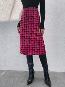 SHEIN Privé Houndstooth Print Split Back Tweed Skirt - Multicolor - View 5