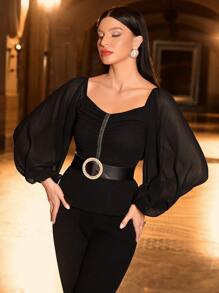 Modelyn Blusa de manga farol fruncido sin cinturón - Negro - Ver 2