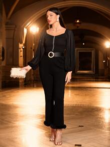 Modelyn Blusa de manga farol fruncido sin cinturón - Negro - Ver 4